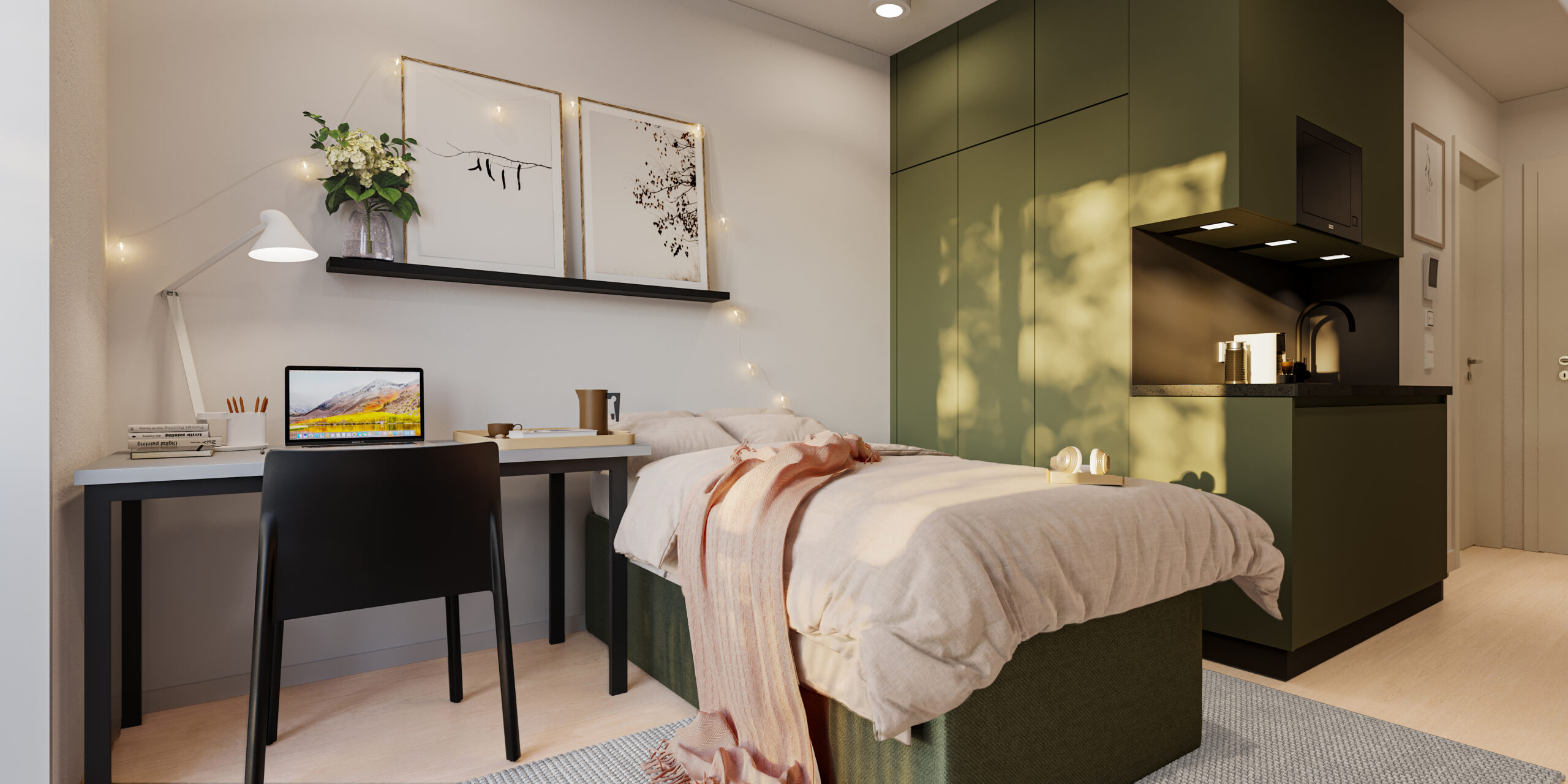 Obergeschoss-Apartment mit Bett und Einbauschrank